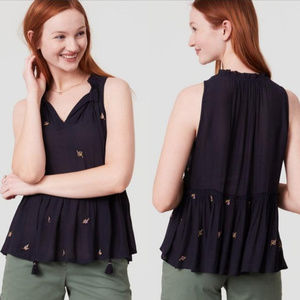 Loft Embroidered Tie Neck Peplum Shell